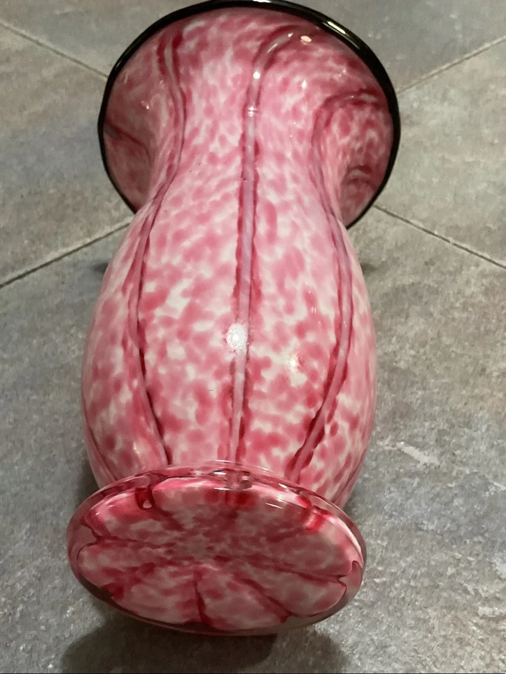 Hand-Blown Pink Art Glass Vase with Black Rim